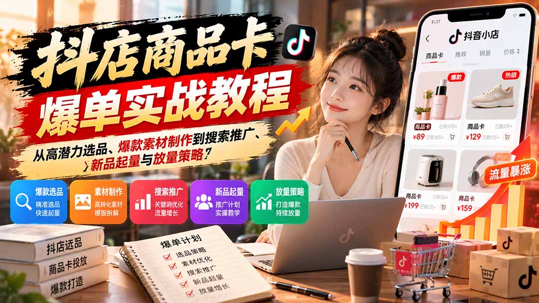抖店商品卡爆单实战教程：从高潜力选品、爆款素材制作到搜索推广、新品起量与放量策略-云创网