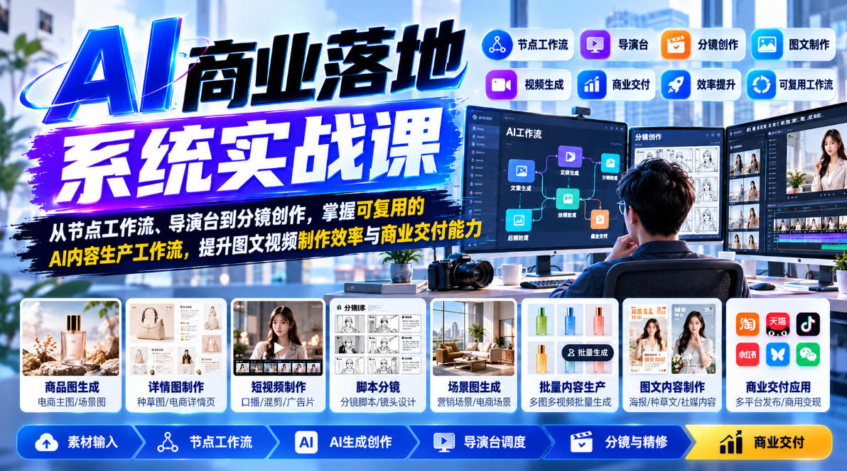 【无水印】AI商业落地系统实战课，从节点工作流、导演台到分镜创作，掌握可复用的AI内容生产工作流，提升图文视频制作效率与商业交付能力-云创网