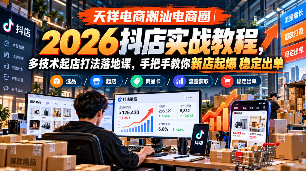 天祥电商潮汕电商圈｜2026抖店实战教程，多技术起店打法落地课，手把手教你新店起爆稳定出单-云创网