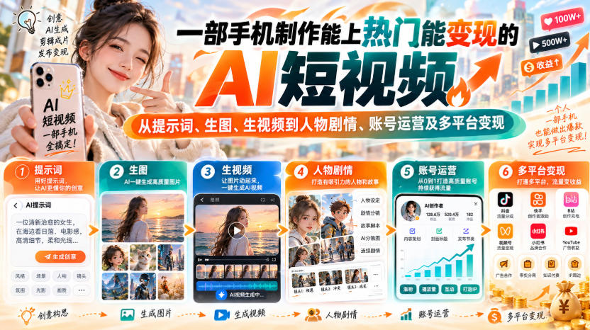 【无水印】一部手机制作能上热门能变现的AI短视频，从提示词、生图、生视频到人物剧情、账号运营及多平台变现(更新)-云创网