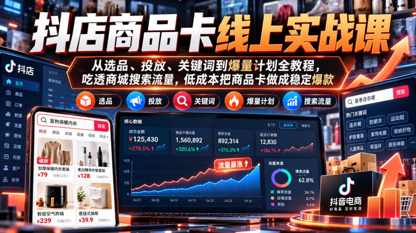 抖店商品卡线上实战课｜从选品、投放、关键词到爆量计划全教程，吃透商城搜索流量，低成本把商品卡做成稳定爆款-云创网