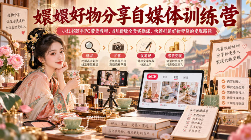 嬛嬛好物分享自媒体训练营｜小红书随手PO带货教程，8月新版全套实操课，快速打通好物带货的变现路径-云创网