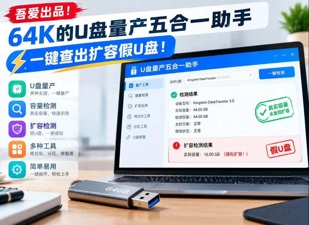 吾爱出品！64K的U盘量产五合一助手，一键查出扩容假U盘！-云创网