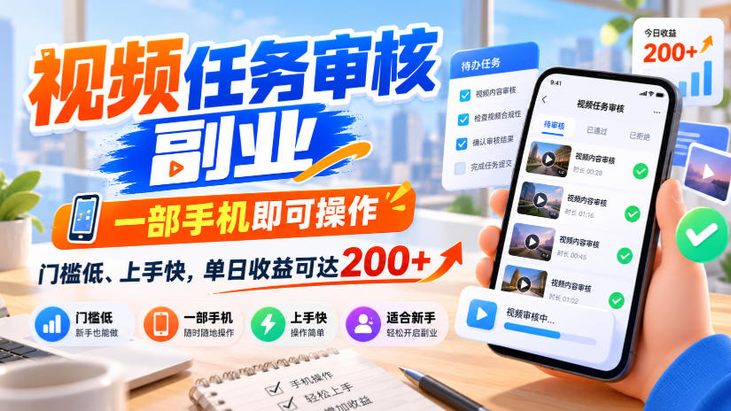 视频任务审核副业，一部手机即可操作，门槛低、上手快，单日收益可达200+【揭秘】-云创网