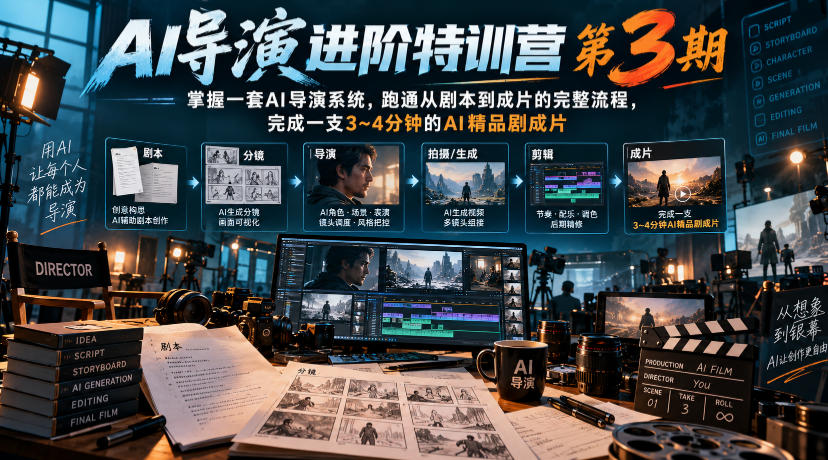 AI导演进阶特训营第3期，掌握一套AI导演系统，跑通从剧本到成片的完整流程，完成一支3~4分钟的AI精品剧成片(附1、2期)-云创网