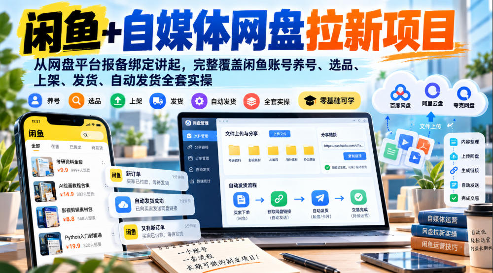 闲鱼+自媒体网盘拉新项目，从网盘平台报备绑定讲起，完整覆盖闲鱼账号养号、选品、上架、发货、自动发货全套实操-云创网