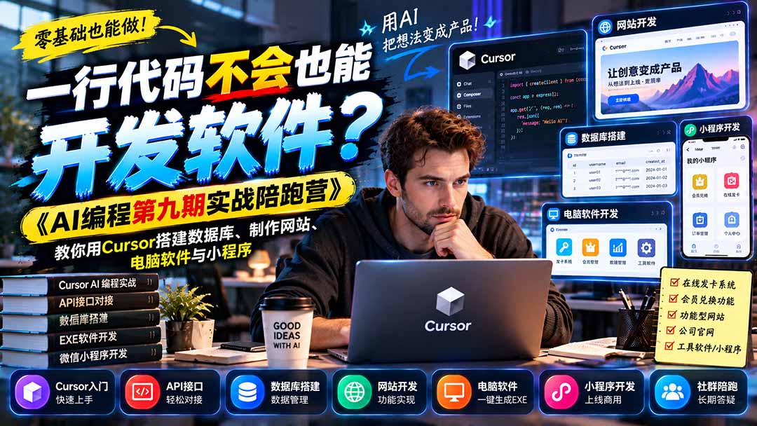 一行代码不会也能开发软件？《AI编程第九期实战陪跑营》教你用Cursor搭建数据库、制作网站、电脑软件与小程序-云创网