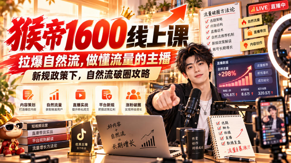猴帝1600线上课，拉爆自然流，做懂流量的主播，新规政策下，自然流破圈攻略【更新261023】-云创网