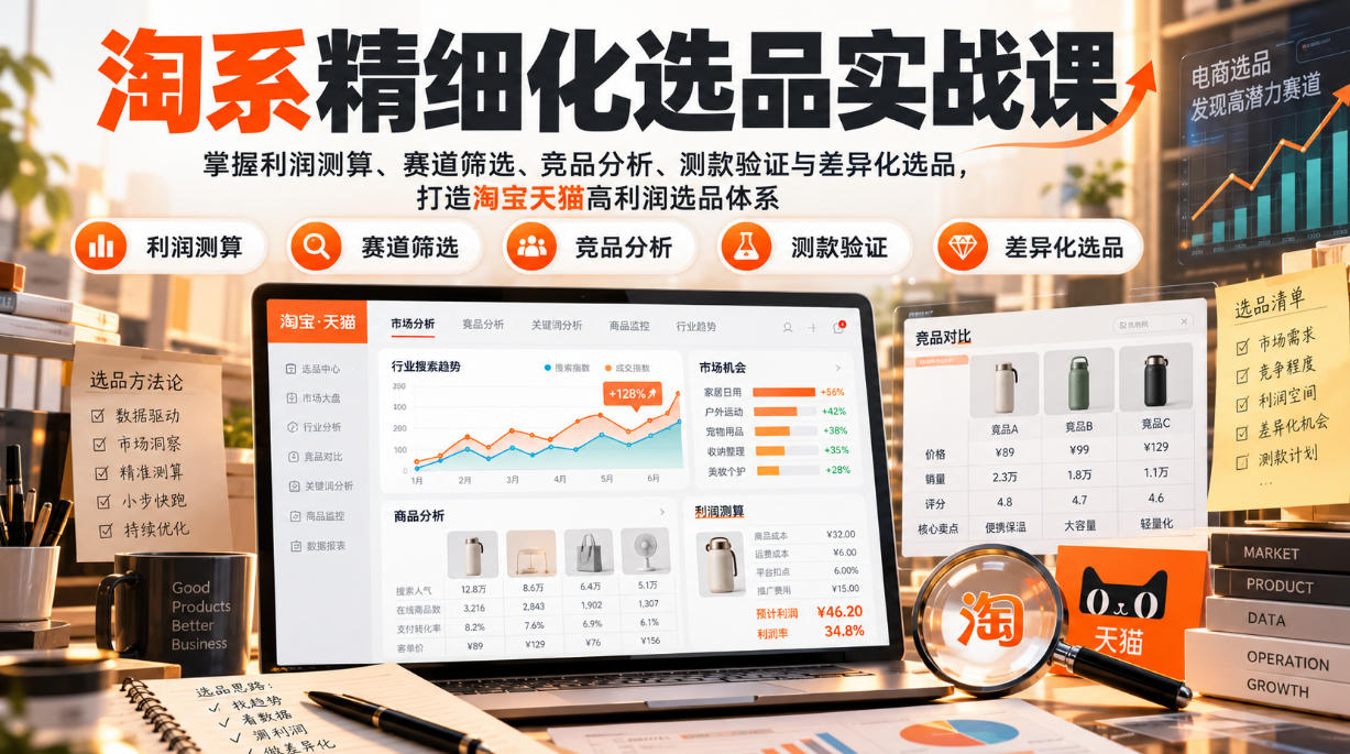货架电商精细化选品实战课：掌握利润测算、赛道筛选、竞品分析、测款验证与差异化选品，打造淘宝天猫高利润选品体系-云创网