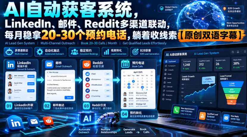 【无水印】AI自动获客系统，LinkedIn、邮件、Reddit多渠道联动，每月稳拿20-30个预约电话，躺着收线索【原创双语字幕】-云创网