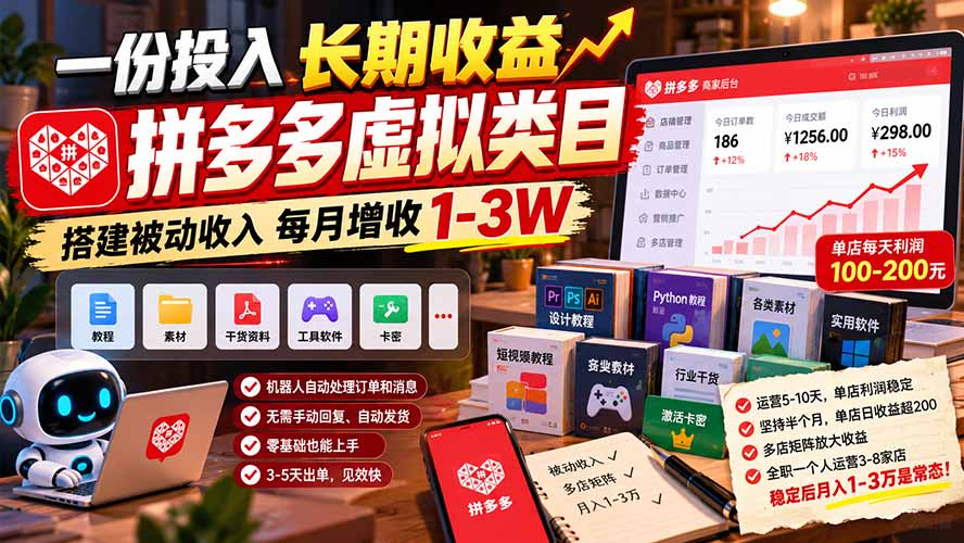 一份投入长期收益，拼多多虚拟类目，搭建被动收入每月增收 1-3W-云创网