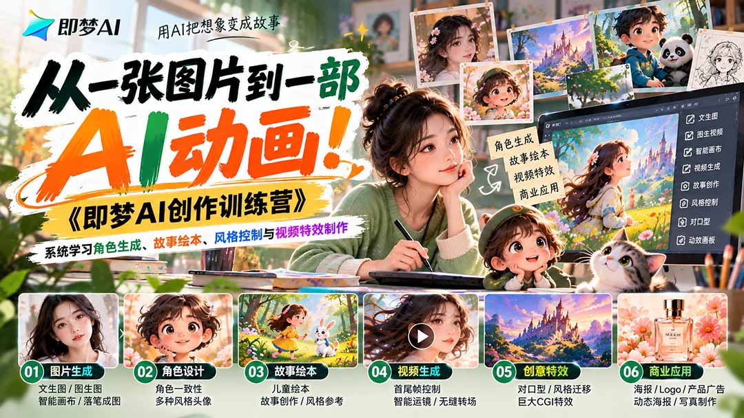 【无水印】从一张图片到一部AI动画！《即梦AI创作训练营》系统学习角色生成、故事绘本、风格控制与视频特效制作-云创网