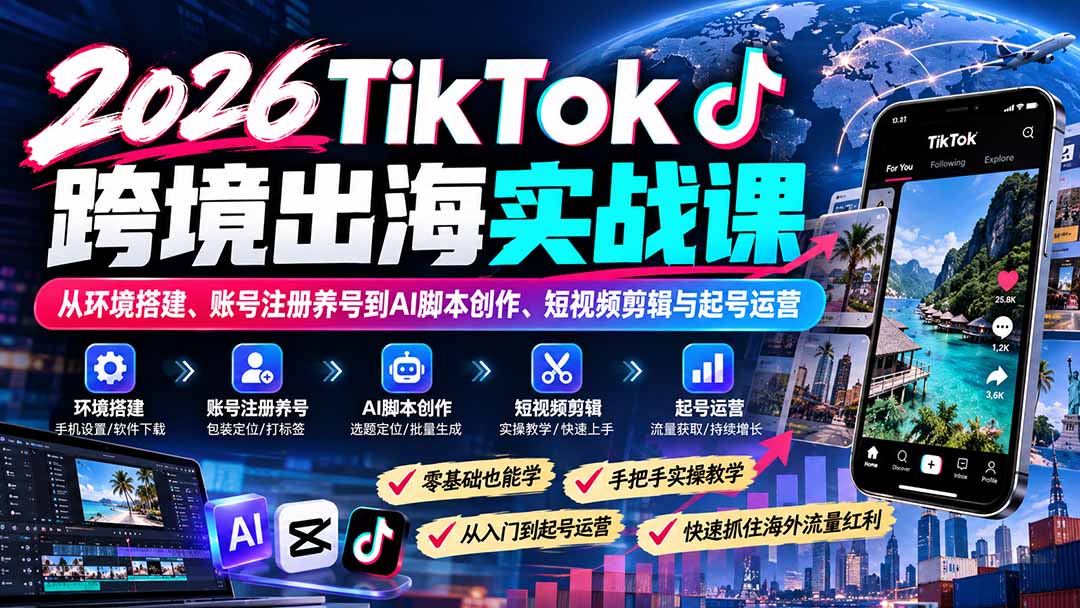 2026TikTok跨境出海实战课：从环境搭建、账号注册养号到AI脚本创作、短视频剪辑与起号运营-云创网