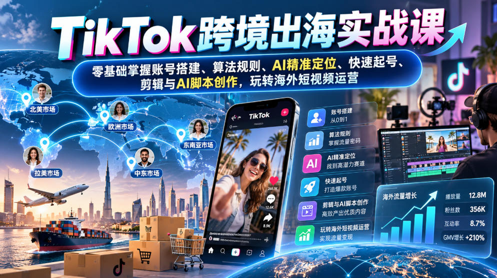 TikTok跨境出海实战课：零基础掌握账号搭建、算法规则、AI精准定位、快速起号、剪辑与AI脚本创作，玩转海外短视频运营-云创网