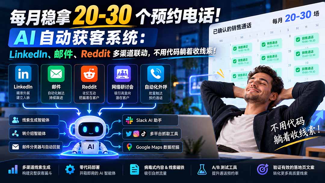 每月稳拿 20-30 个预约电话！AI 自动获客系统：LinkedIn、邮件、Reddit 多渠道联动，不用代码躺着收线索！-云创网