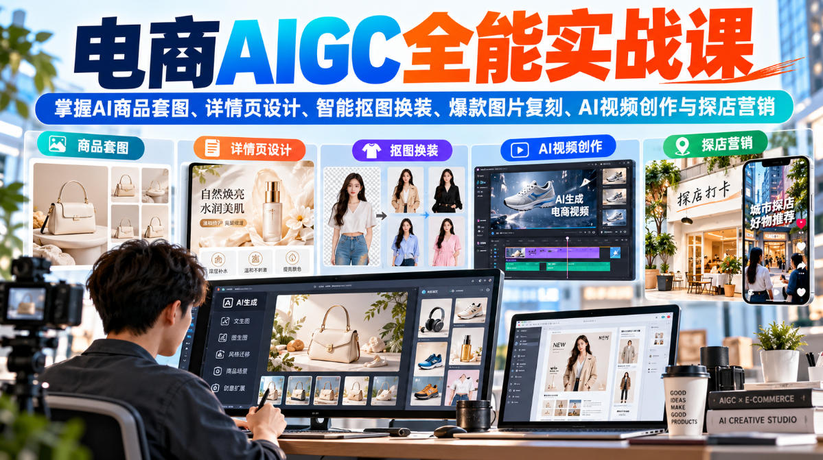 电商AIGC全能实战课：掌握AI商品套图、详情页设计、智能抠图换装、爆款图片复刻、AI视频创作与探店营销-云创网