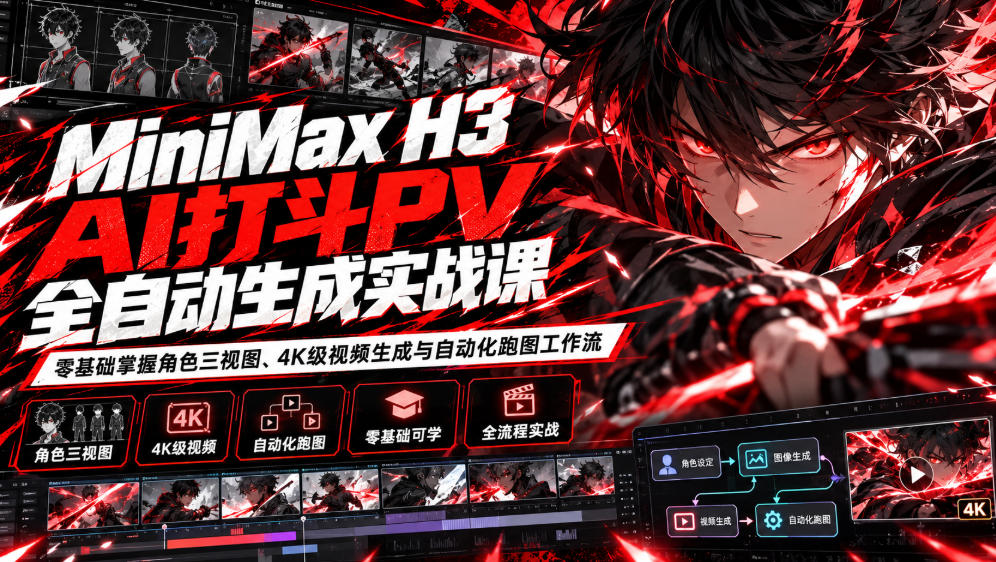 MiniMax H3 AI打斗PV全自动生成实战课：零基础掌握角色三视图、4K级视频生成与自动化跑图工作流-云创网