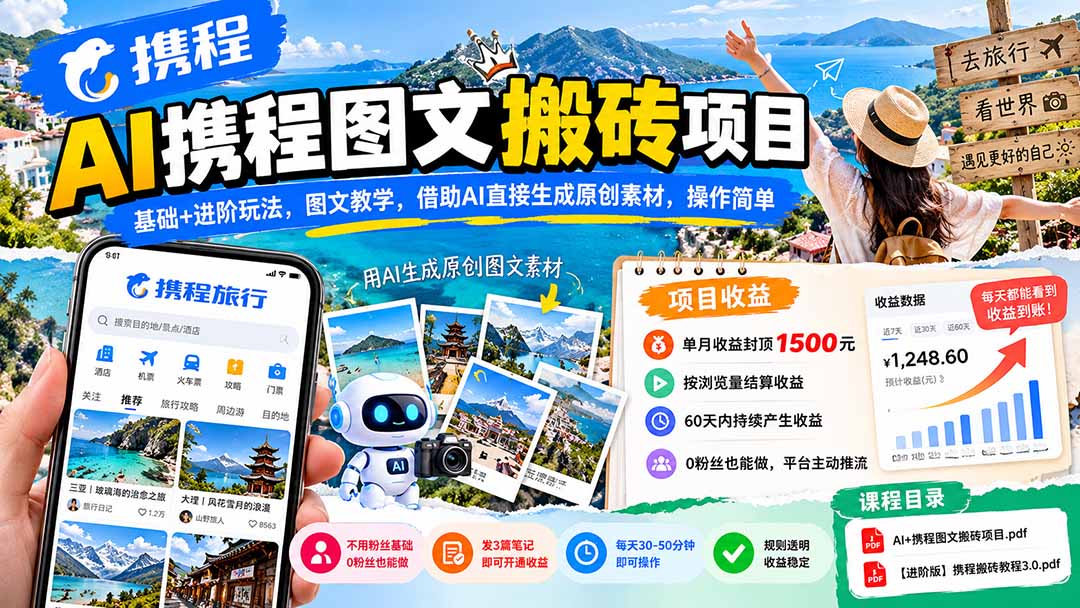 AI携程图文搬砖项目，基础+进阶玩法，图文教学，借助AI直接生成原创素材，操作简单-云创网