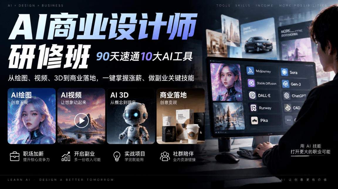 AI商业设计师研修班，90天速通10大AI工具，从绘图、视频、3D到商业落地，一键掌握涨薪、做副业关键技能-云创网