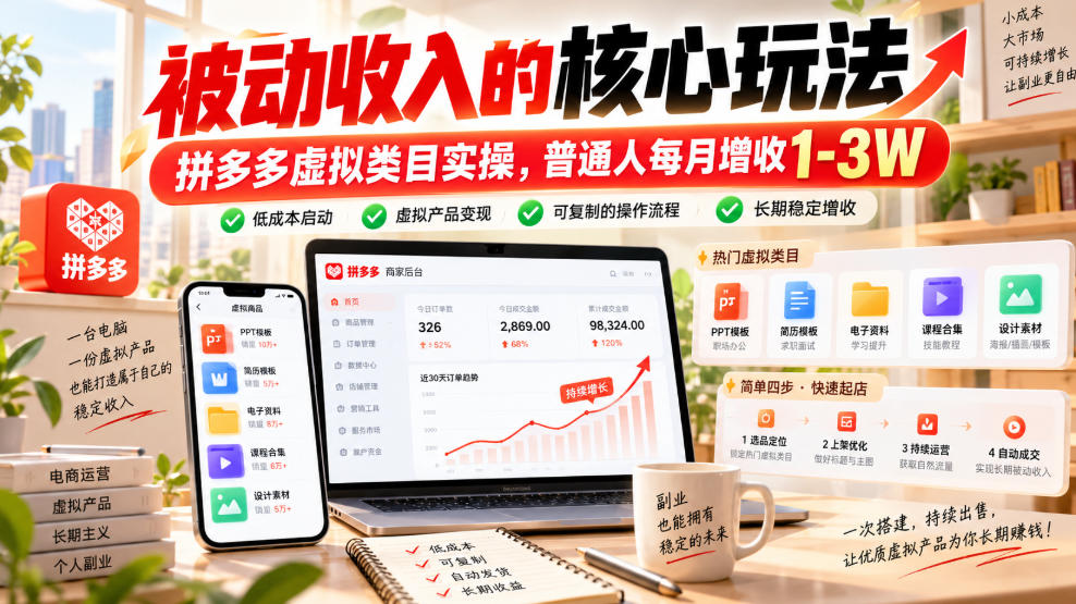被动收入的核心玩法，拼多多虚拟类目实操，普通人每月增收1-3W【揭秘】-云创网