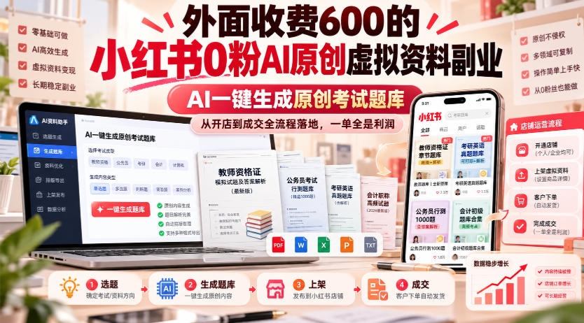 外面收费600的小红书0粉AI原创虚拟资料副业，AI一键生成原创考试题库，从开店到成交全流程落地，一单全是利润-云创网