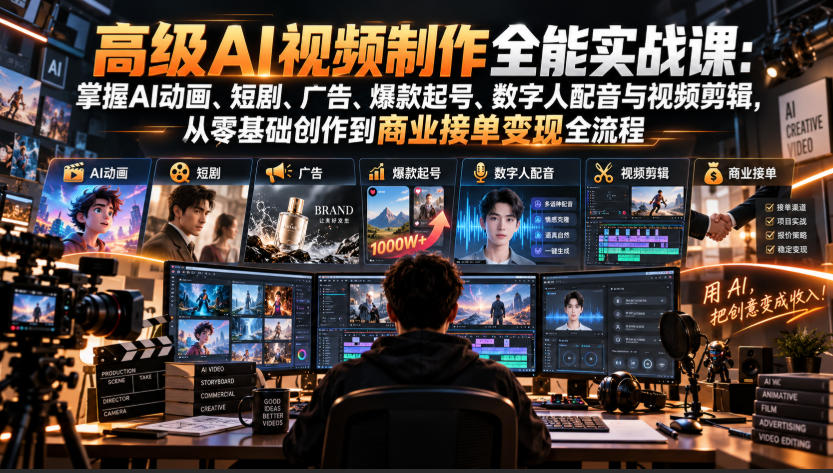 高级AI视频制作全能实战课：掌握AI动画、短剧、广告、爆款起号、数字人配音与视频剪辑，从零基础创作到商业接单变现全流程-云创网