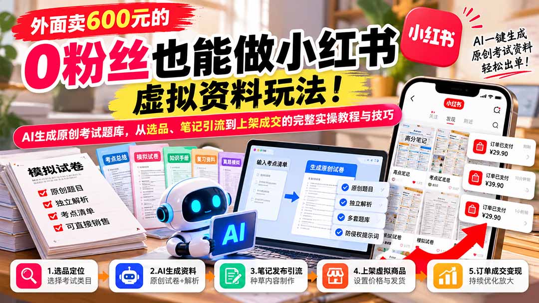 外面卖600元的 零粉丝也能做小红书虚拟资料玩法！AI生成原创考试题库，从选品、笔记引流到上架成交的完整实操教程-云创网