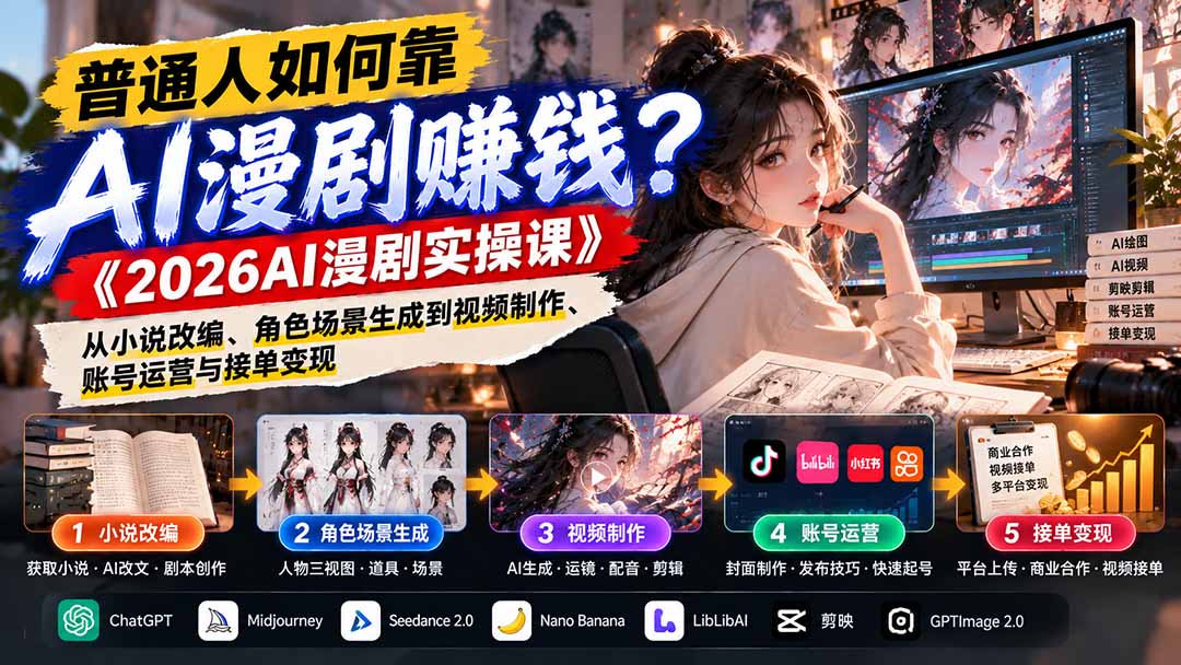 普通人如何靠AI漫剧赚钱？《2026AI漫剧实操课》从小说改编、角色场景生成到视频制作、账号运营与接单变现-云创网