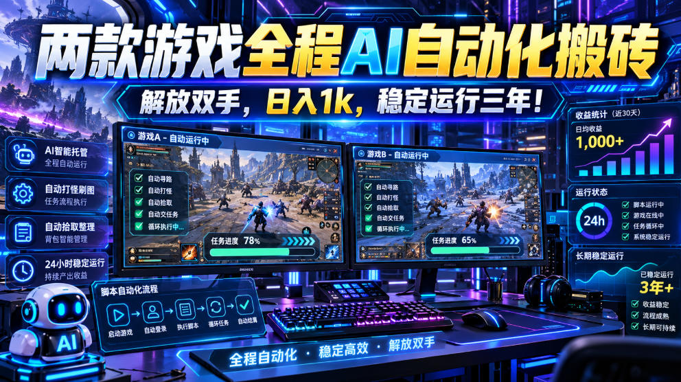 两款游戏全程AI自动化搬砖，解放双手，日入1k，稳定运行三年！【揭秘】-云创网