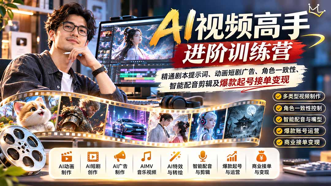 AI视频高手进阶训练营：精通剧本提示词、动画短剧广告、角色一致性、智能配音剪辑及爆款起号接单变现-云创网