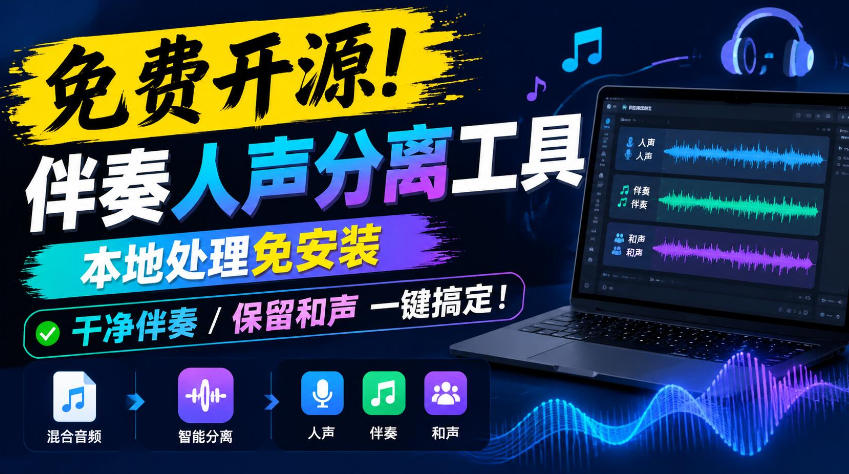 免费开源！伴奏人声分离工具，本地处理免安装，干净伴奏，保留和声一键搞定！-云创网