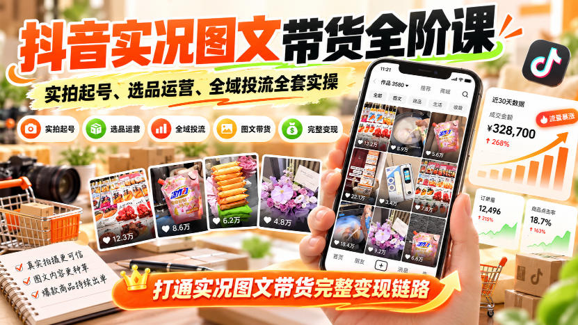 抖音实况图文带货全阶课｜实拍起号、选品运营、全域投流全套实操，打通实况图文带货完整变现链路-云创网