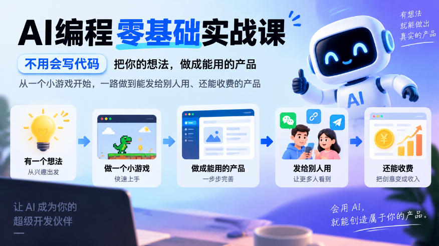 AI编程零基础实战课，不用会写代码，把你的想法，做成能用的产品，从一个小游戏开始，一路做到能发给别人用、还能收费的产品-云创网
