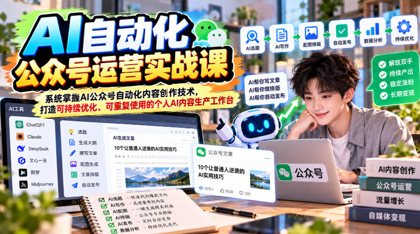 AI自动化公众号运营实战课，系统掌握AI公众号自动化内容创作技术，打造可持续优化、可重复使用的个人AI内容生产工作台-云创网