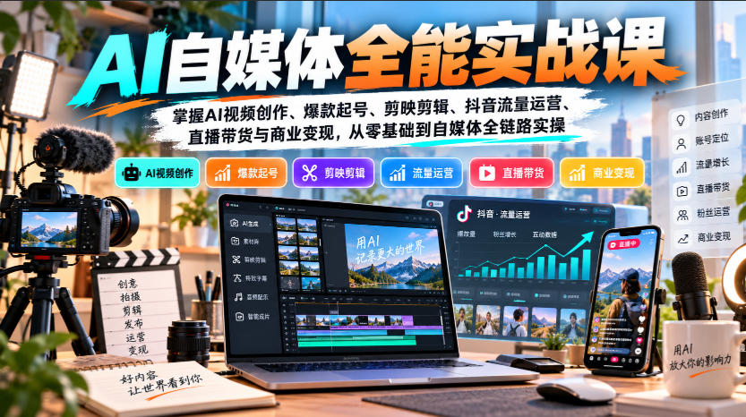 【无水印】AI自媒体全能实战课，掌握AI视频创作、爆款起号、剪映剪辑、抖音流量运营、直播带货与商业变现，从零基础到自媒体全链路实操-云创网