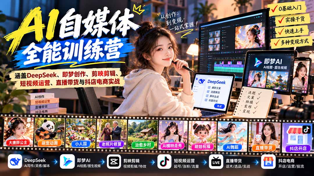 【无水印】AI+自媒体全能训练营：涵盖DeepSeek、即梦创作、剪映剪辑、短视频运营、直播带货与抖店电商实战-云创网