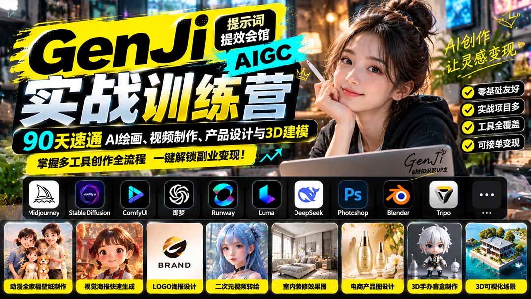 GenJi AIGC实战训练营：90天速通AI绘画、视频制作、产品设计与3D建模，掌握多工具创作全流程-云创网