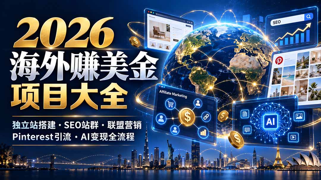 2026海外赚美金项目大全：独立站搭建、SEO站群、联盟营销、Pinterest引流与AI变现全流程-云创网