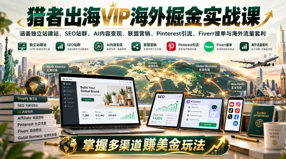 猎者出海VIP海外掘金实战课：涵盖独立站、SEO站群、AI变现、联盟营销、Pinterest引流、Fiverr接单与海外流量套利，掌握多渠道賺美金玩法-云创网