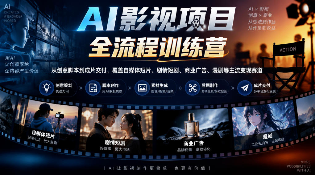 AI影视项目全流程训练营，从创意脚本到成片交付，覆盖自媒体短片、剧情短剧、商业广告、漫剧等主流变现赛道-云创网