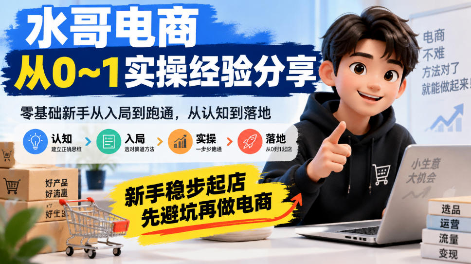 水哥电商从0~1实操经验分享，​零基础新手从入局到跑通，从认知到落地，新手稳步起店，先避坑再做电商-云创网