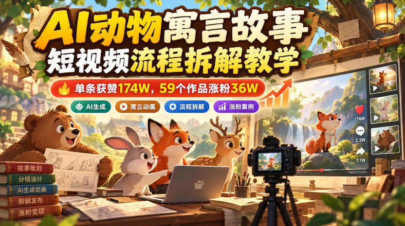 AI动物寓言故事短视频流程拆解教学，单条获赞174W，59个作品涨粉36W-云创网
