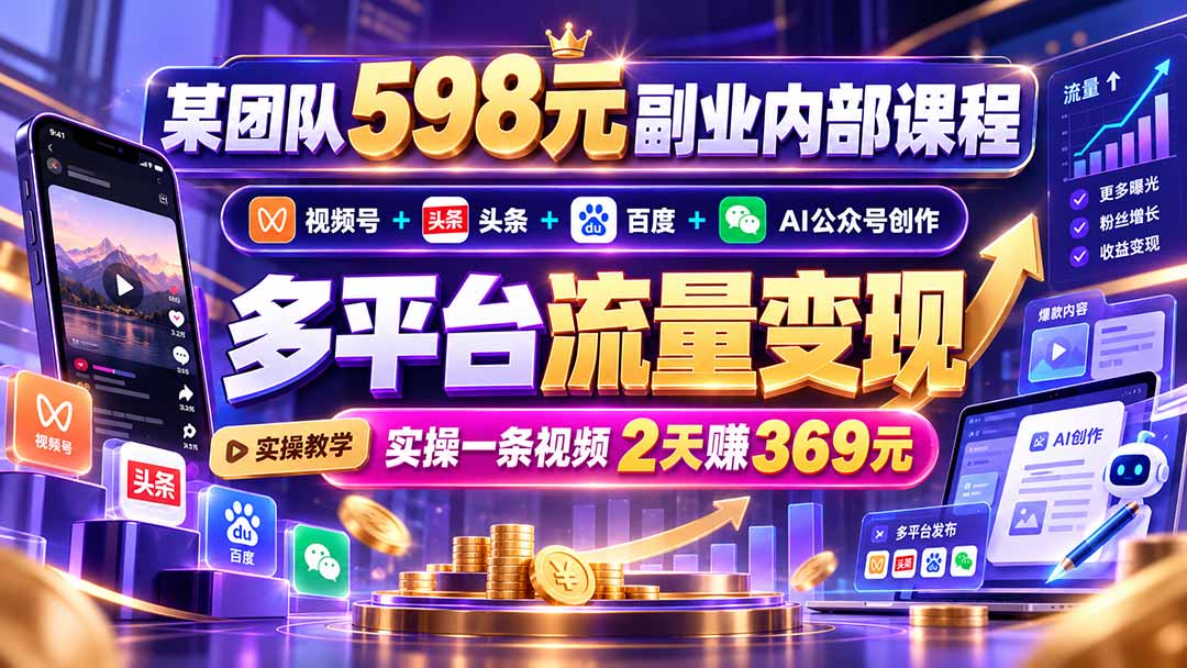 某团队598元副业内部课程：视频号+头条+百度+AI公众号创作、多平台流量变现，实操一条视频2天赚369元-云创网