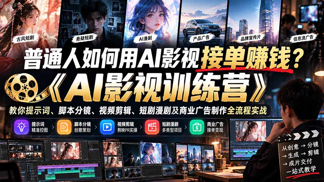 普通人如何用AI影视接单赚钱？《AI影视训练营》教你提示词、脚本分镜、视频剪辑、短剧漫剧及商业广告制作全流程实战-云创网