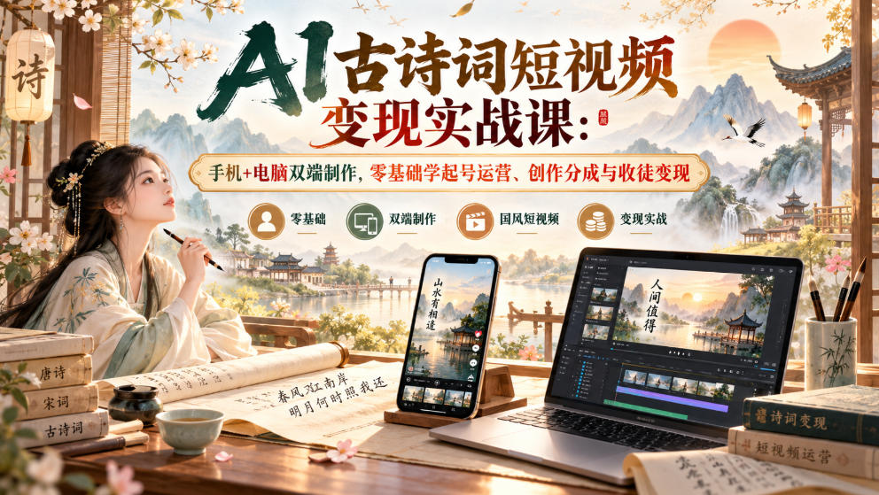 AI古诗词短视频变现实战课：手机+电脑双端制作，零基础学起号运营、创作分成与收徒变现-云创网