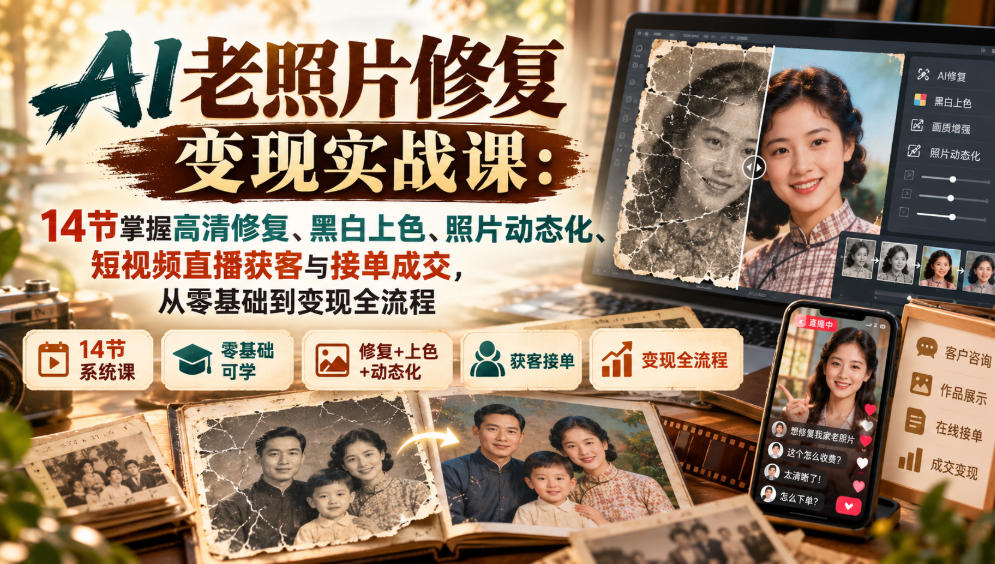 AI老照片修复变现实战课：14节掌握高清修复、黑白上色、照片动态化、短视频直播获客与接单成交，从零基础到变现全流程-云创网