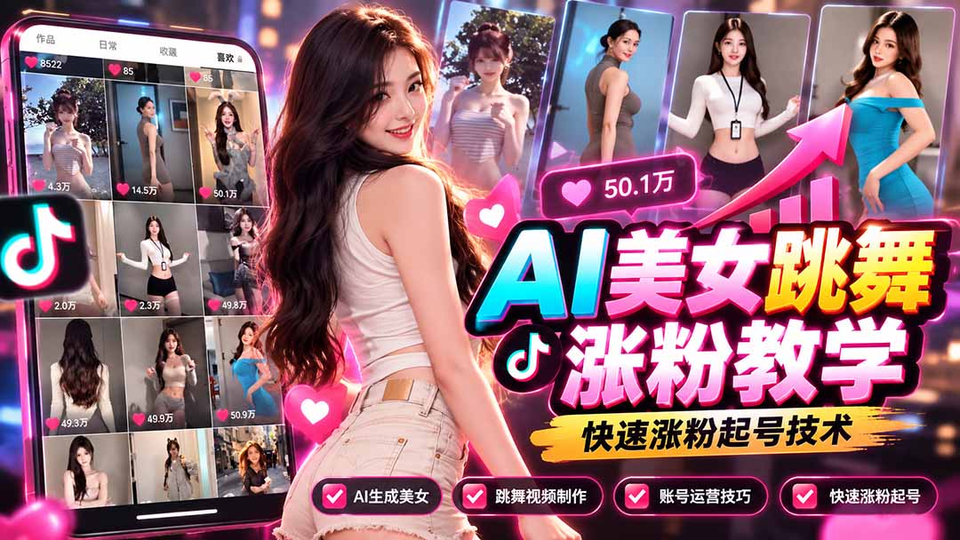 AI美女跳舞涨粉教学，AI生成美女，跳舞视频制作，账号运营与快速起号涨粉-云创网