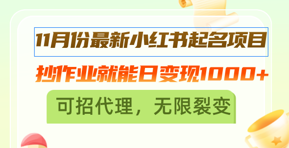 11月份最新小红书起名项目，抄作业就能日变现1000+，可招代理，无限裂变-云创网