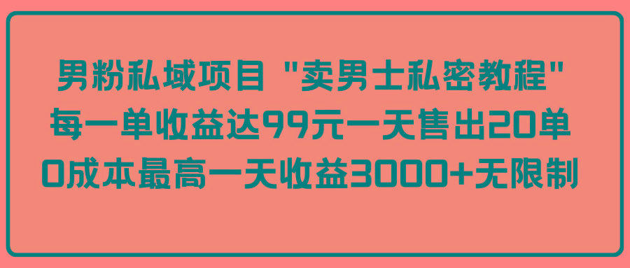 (9730期)男粉私域项目 “卖男士私密教程” 每一单收益达99元一天售出20单-云创网